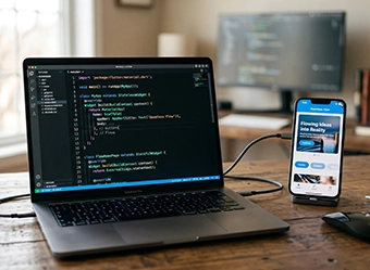 Flutter mobile app development company in Chennai showcasing cross-platform app coding on laptop 
