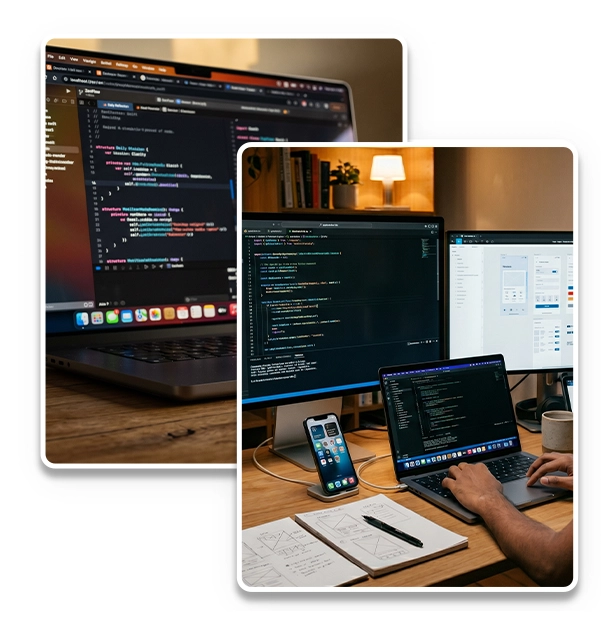 ios app development company in Chennai coding and testing mobile application on laptop and iPhone